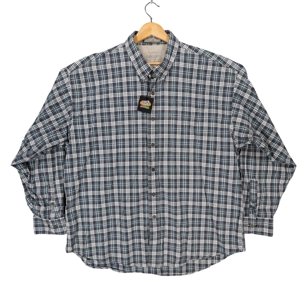 Haggar Button Down Mens XXL Blue Excellent Plaid Cotton